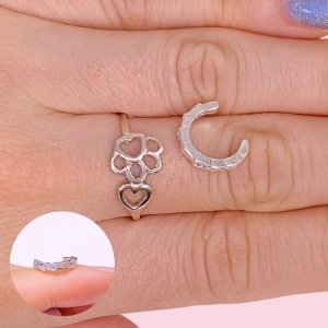 Conjunto Anillo Pata con corazon y Aro cuff con ajustable con piedras de Plata 925